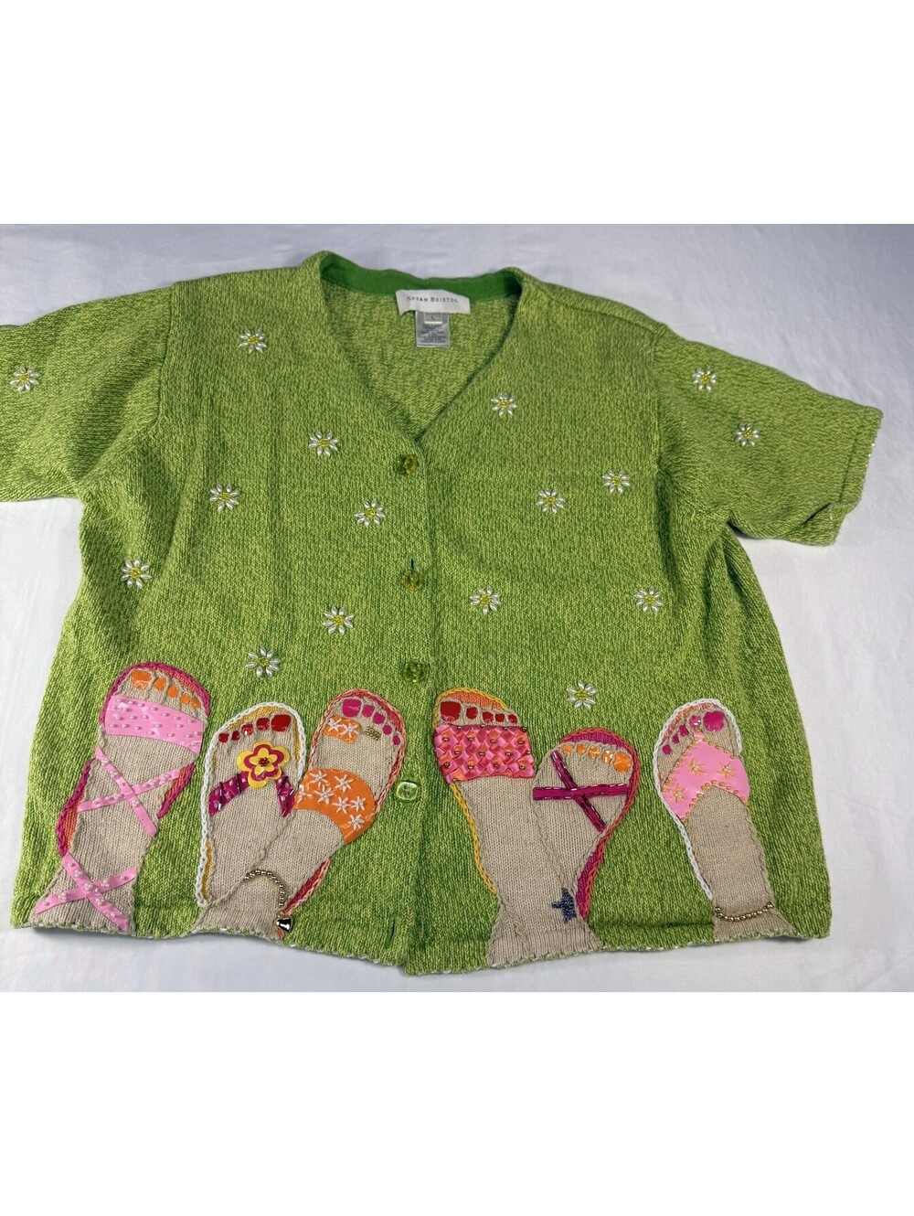 VTG Susan Bristol Sweater Womens Green Tropical Feet Flip Flops Cardigan Large